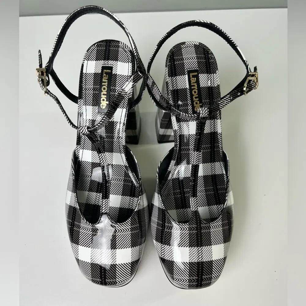 Larroude Pixie Plaid Pumps in Black Motif 7.5